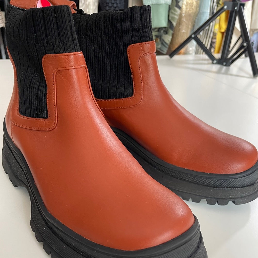 STAUD Lug Sole Leather Sock Boots | Size 6.5 | NWOT | Brown Chunky Chelsea Style